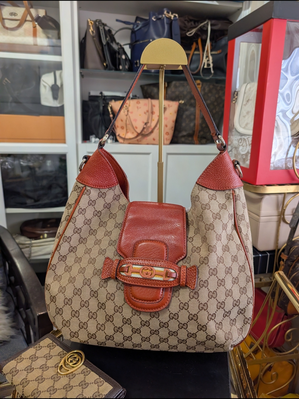 Gucci Beige GG Monogram Shoulder Bag with Brown Leather Accents